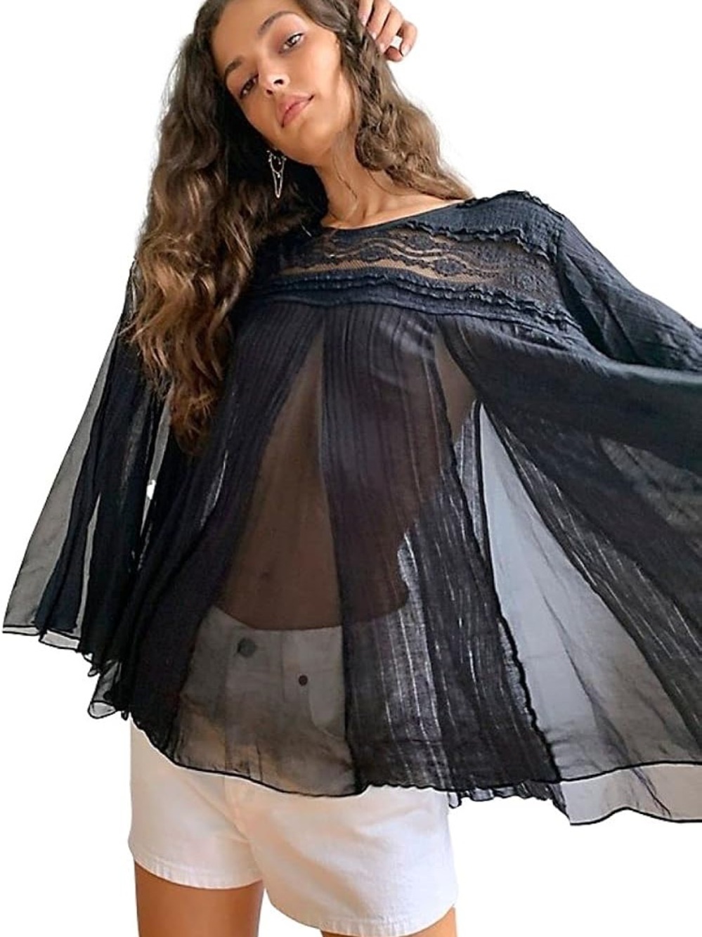 Free People Sheer Black Lace Yoke Bell Sleeve Boho Lace Blouse Flowy Sheer Small